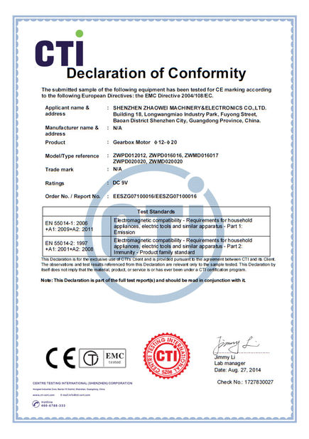 China Shenzhen ZhaoWei Machinery &amp; Electronics Co. Ltd. Certificações